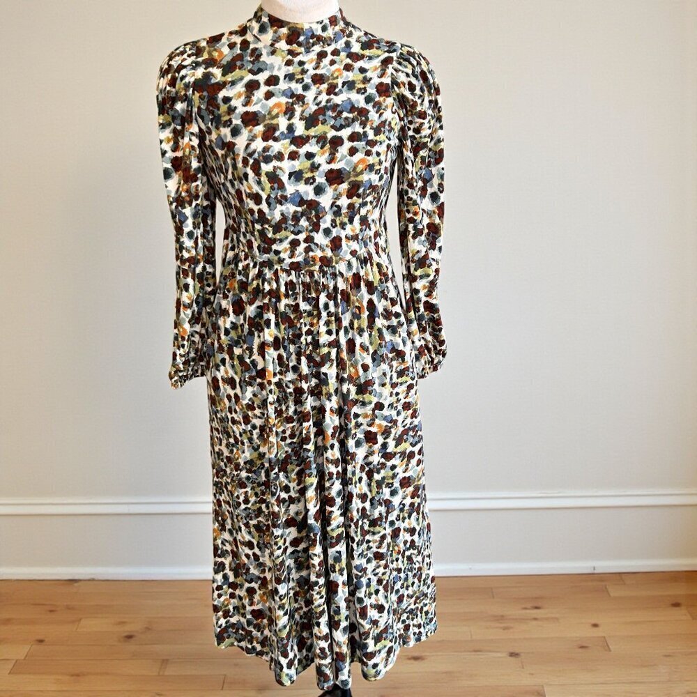 Maggy London Modest High Neck Long Sleeve Jersey Knit Patterned Dress Size 2